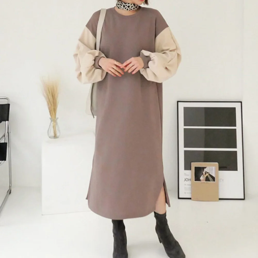 

Korean Splicing Two Fake Womens Dress Fashion Casual 2021 Autumn Winter New Split Fork Round Neck Long Sleeve Women Dress