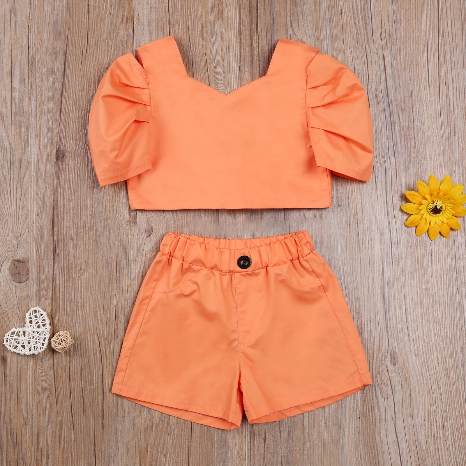 

2-7Y Fashion Kids Girls Clothes Sets Solid Short Puff Sleeve Backless Bowknot Tops Shorts 2pcs