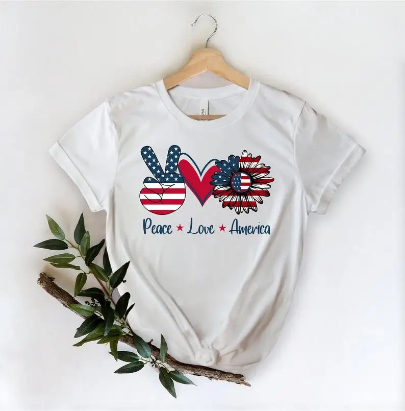 

Peace Love America 4th Of July Independence Day Shirt Color printing sunflower Short Sleeve Cotton Top Tee Unisex Drop shipping