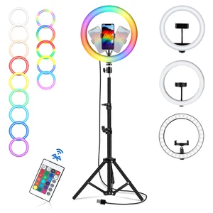 10inch26cm ring lamp rgb colorful led ring light with tripod stand rainbow with phone clip for vlogging short video youtube free global shipping