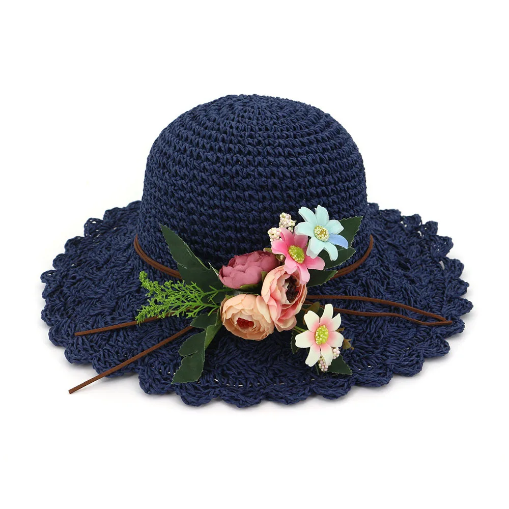 

Flower Women Straw Sun Hats Large Wide Brim Gilrs High Quality Natural Raffia Panama Beach Straw Sun Caps For Holiday
