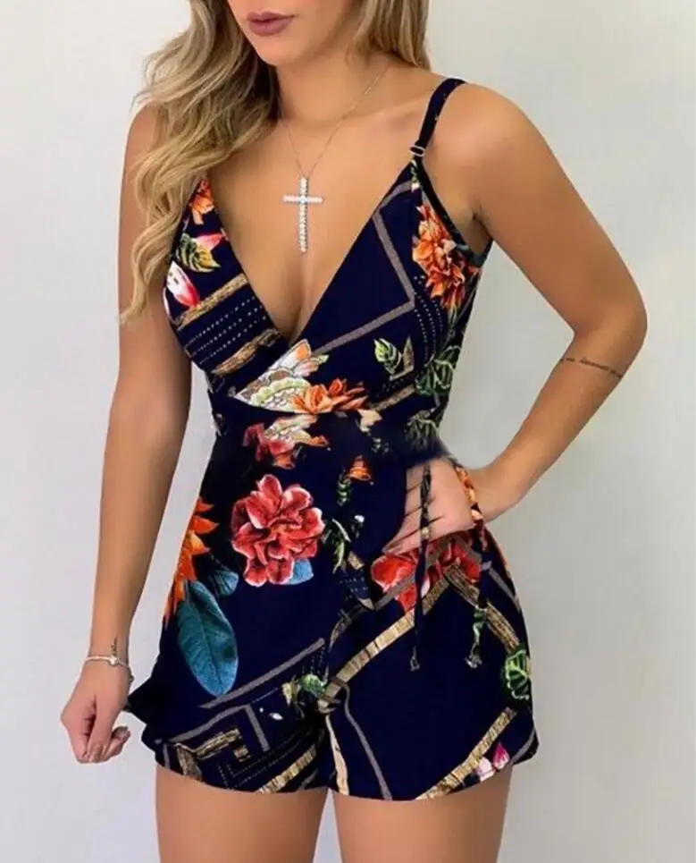 

Plus Size 3XL Women V Neck Spaghetti Strap Beach Summer Playsuit Print Floral Short Jumpsuit