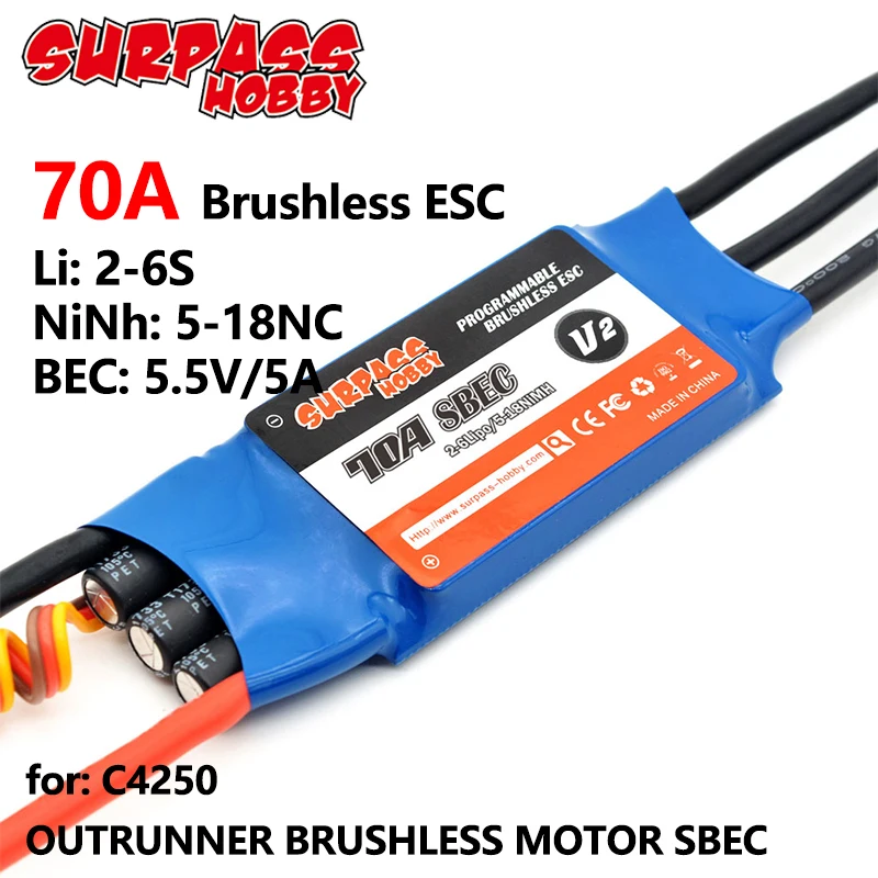 

SURPASS HOBBY 70A SBEC BLHeli ESC Motor Speed Controller 2-6S 5-18NC 5A/5.5V for C4250 RC Airplanes Multicopter Helicopter