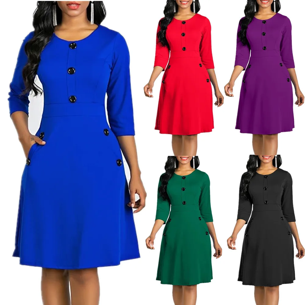 

Autumn Casual O-neck Dress Solid Sexy Club Plus Size Three Quarter Pockets Dresses Vestidos For Women 2021 Kleid Abiye