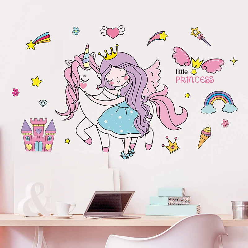 

[shijuekongjian] Unicorn Animal Wall Stickers DIY Cartoon Girl Wall Decals for Kids Bedroom Baby Room Nursery Home Decoration