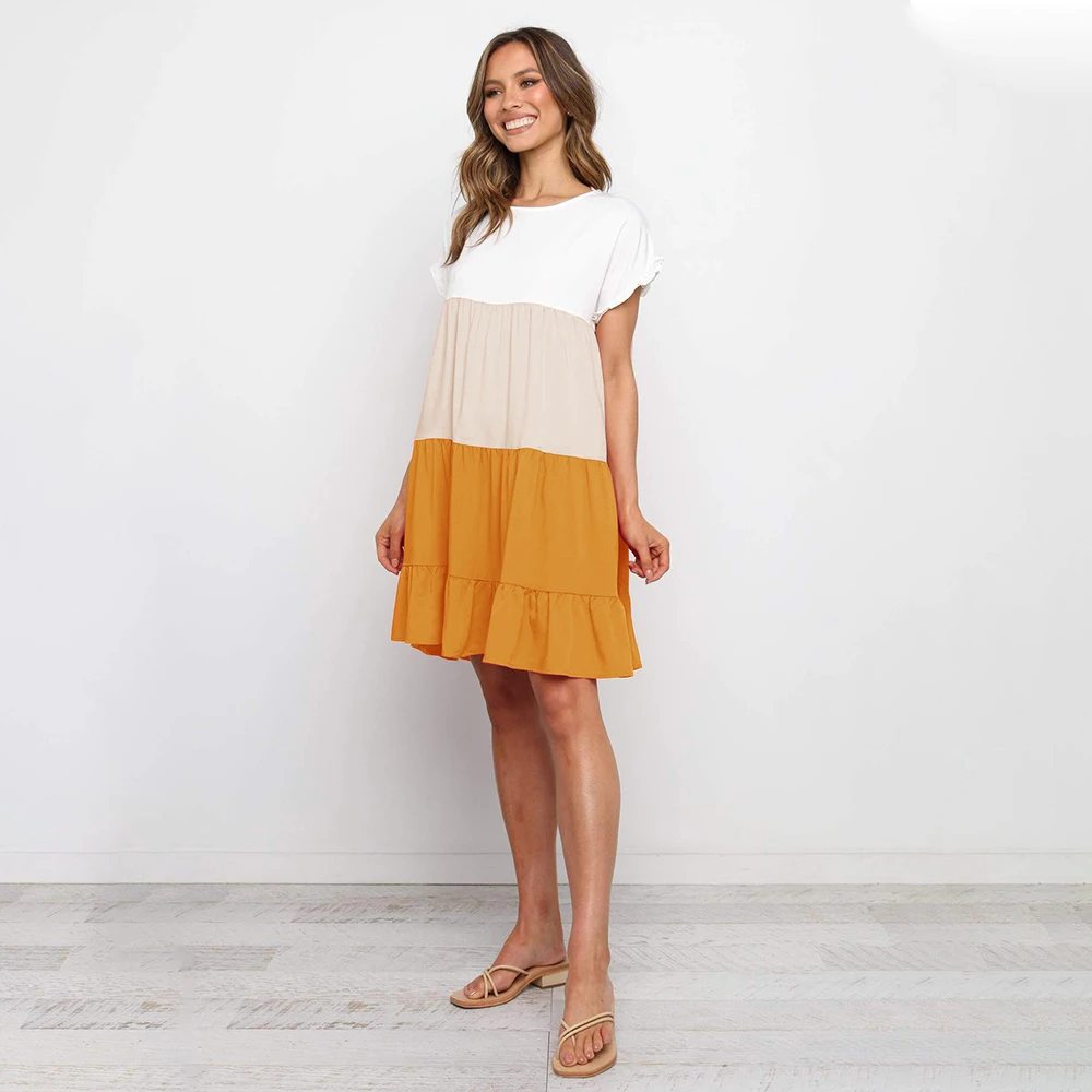 

Summer Women Loose O Neck Short Sleeve Dress Casual Holiday Color Patchwork Ruffle Beach Maternity Dresses For Women 2021