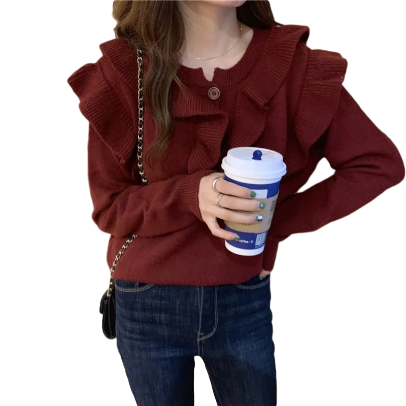 

Fall/winter Korean Sweater Loose Outer Wear Ruffled Pullover Lazy Chic Long-sleeved Blouse Women GX1365