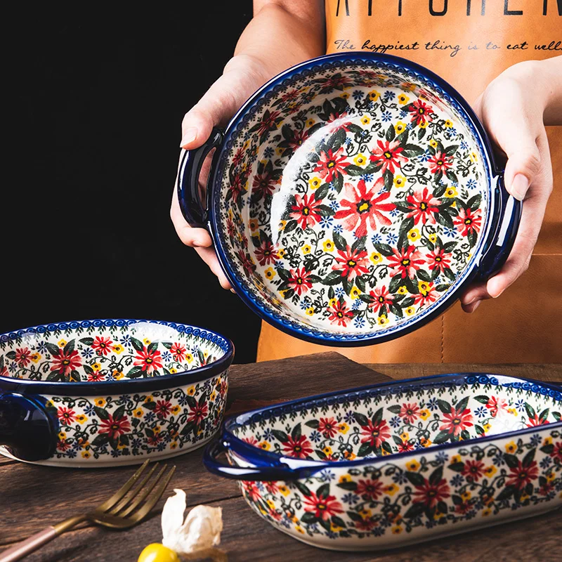 

Special baking dish with handle for air frying pan serving plate Roast bowl Special utensils for oven high-grade pattern dish