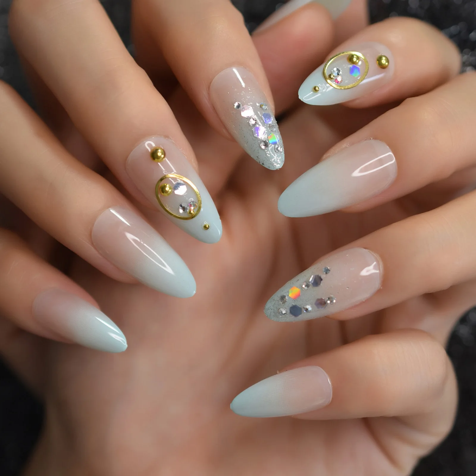 Holo Sequins Light Blue Glossy Gradient Ombre French Almond Fake Nail Gold Gems UV Stiletto False Finger Tip for Women and Girl