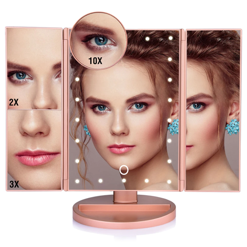 Зеркало для макияжа с регулируемой яркостью 22 светодиода увеличение 2X/3X/10X