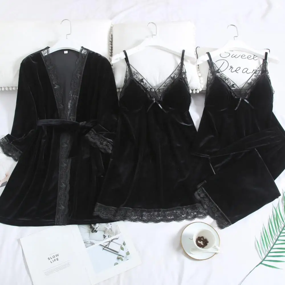 

New Women Velvet 4 Pieces Pajamas Sets Sling Sexy Lace Sleepwear Winter Autumn Pyjama With Chest Pad Wine Red Robe