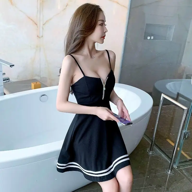 

Fashion Slim Fit Slimming Low Cut Sexy Backless Spaghetti Straps Summer Black Casual Korean Mini Dress Clothes Young Girl Club