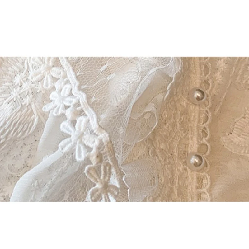 

Women Lace Embroidery Elegant Blouse 2021 Lantern Long Sleeve Retro Chic Pearl Shirt Lady Fashion Party Korean Loose Blusas Tops