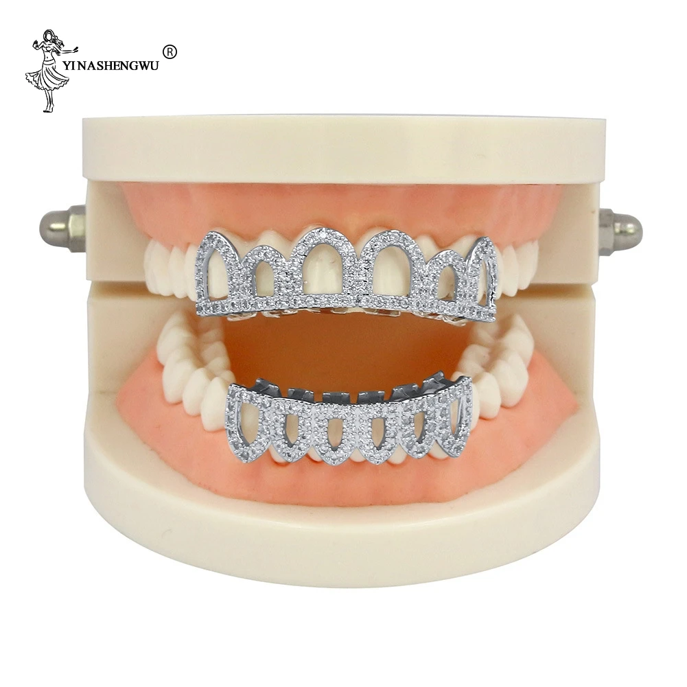 

Hip Hop Teeth Grills Caps Micro Pave CZ Stone Six 6 Open Hollow Top & Bottom Set Men Women Teeth Grillz Body Jewelry Fashion New