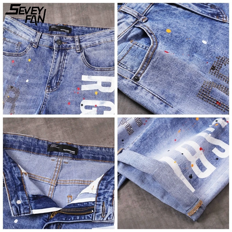 

Summer Casual Blue Denim Shorts Men Letter Hot Drilling Pant Printed Fashion Jeans Short Streetwear Hip Hop Harajuku Clothes New