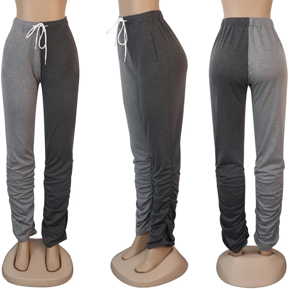 

2021 European spring new leisure solid color splicing women's flared pants fashion high waist elastic belt women's pants