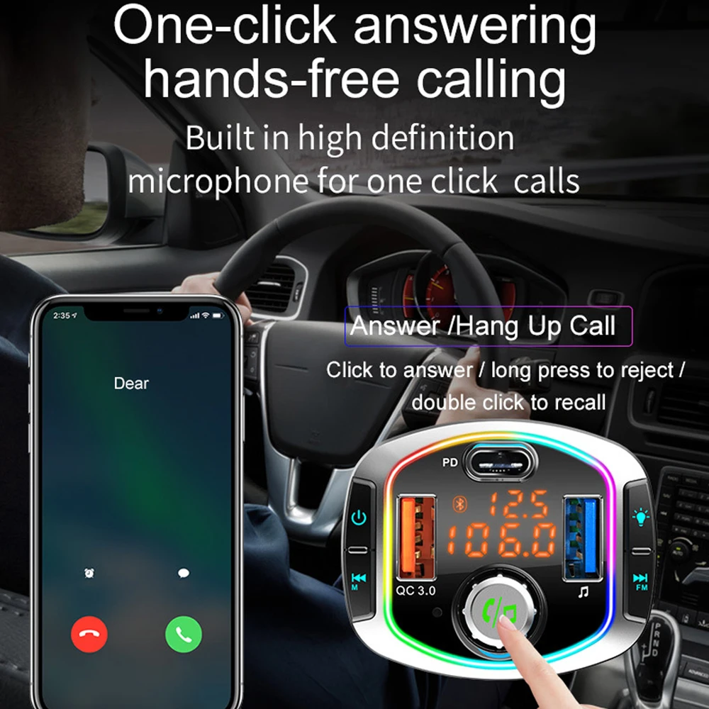 Автомобильный FM трансмиттер с Bluetooth и светодиодной подсветкой 2 USB