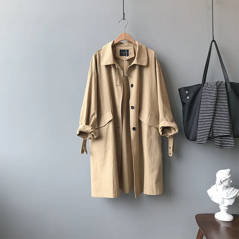 

TE006 Korean Version Loose Long Sleeve Trench Coat For Women Casual Single-breasted Turn-down Collar Solid Windwear With Pockets