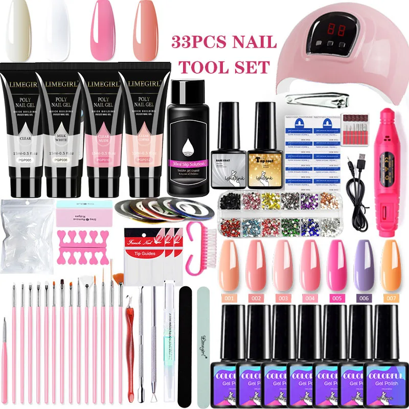 

33 Pcs 54W LED Nail Lamp Nail Tools Set Base Manicure Set for Nail Extensions Gel Nail Polish Set Quick Building Polygels