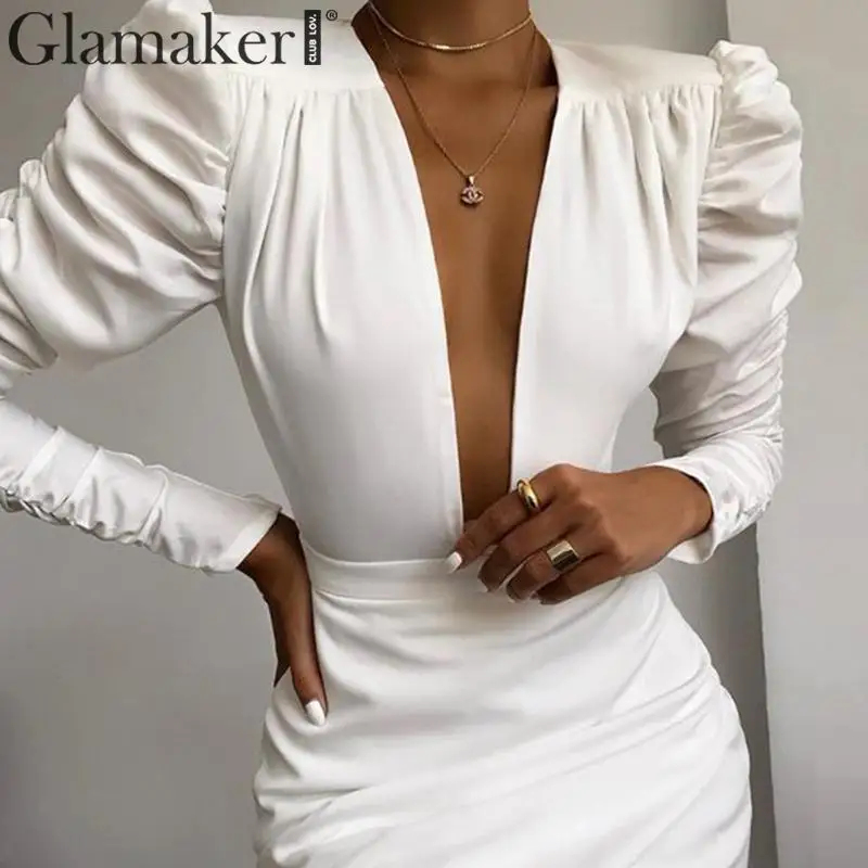 Glamaker, плиссированное, элегантное, белое, офисная одежда, короткое платье, женское, с длинным рукавом, облегающее платье, винтажные, вечерние, Клубные, сексуальные, мини-платья