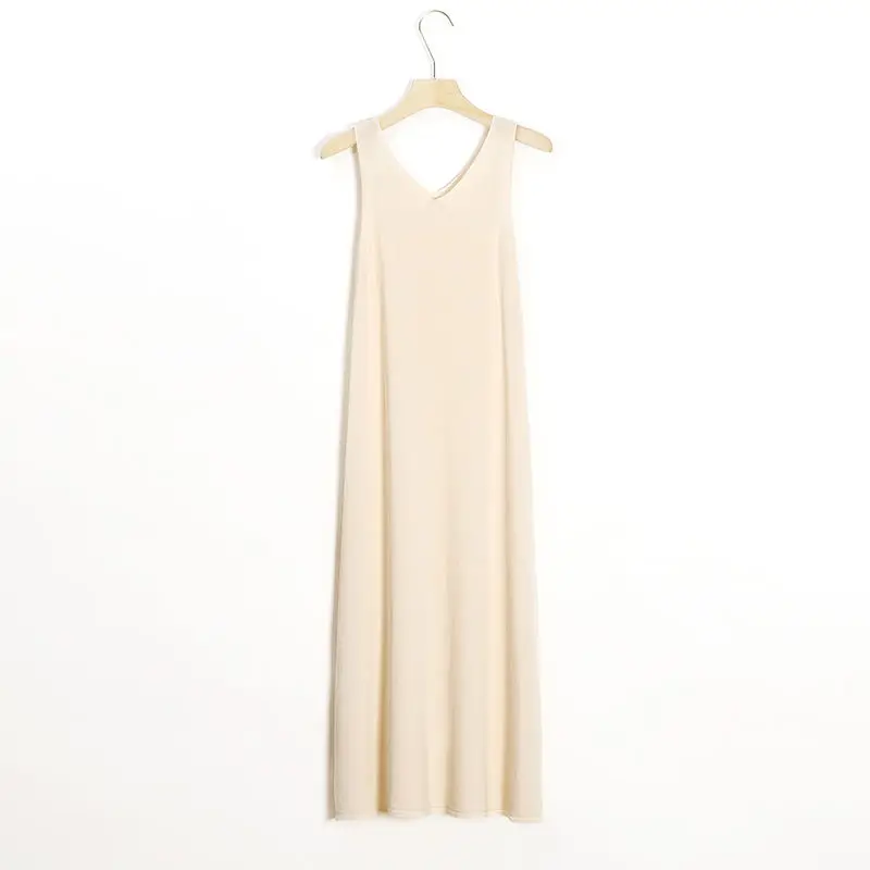 

2021 Women Summer New Ice Silk A-line V-neck Sling Long Dresses Female Loose Casual Basic Sleeveless Knitting Tank Dress L136