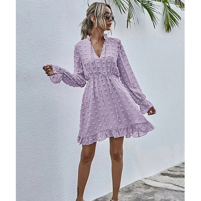 

Women Pompon Ruffles Long Sleeve Lace-Up Dress 2021 Spring Ladies Solid V Neck A-Line Tunic Dress Office Casual Mini Vestidos
