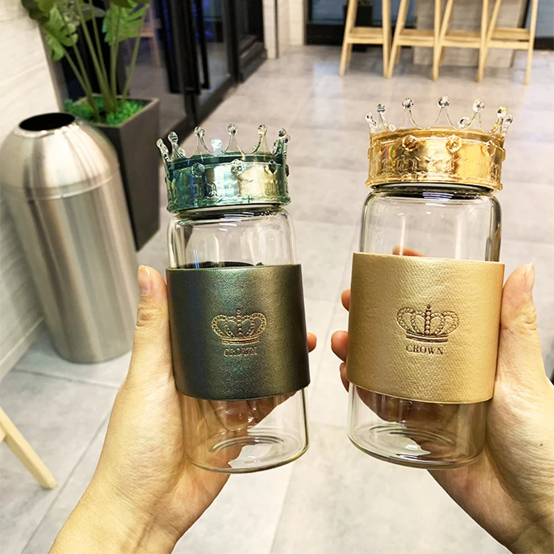 Креативная стеклянная бутылка для воды в виде короны 320 мл антиожогов парная