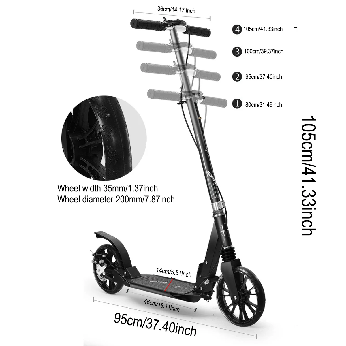 

4 Level Adjustable Height Foldable Kick Scooter Double Damping Disk Brake Tech Scooter Adult Scooter With Metal Foot Support