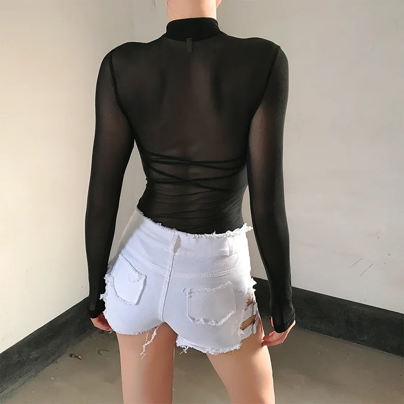 Арцу боди Тощий прозрачный комбинезон из сетки с длинным рукавом Bodycon сексуальный клубный Черный Боди тела Mujer уличная одежда ASJU20596