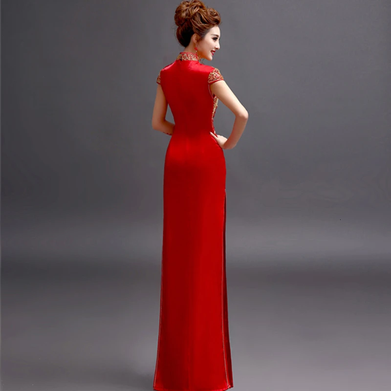 Невесты с коротким рукавом шелковый атлас Cheongsam современный китайский