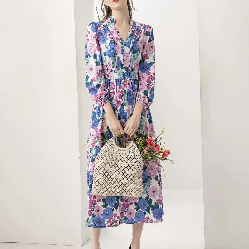 

2021 Spring New Style Bohemian Vintage Print Sexy V-Neck Long Sleeve Slim Mid-Length Dress High Quality Women'S Clothing