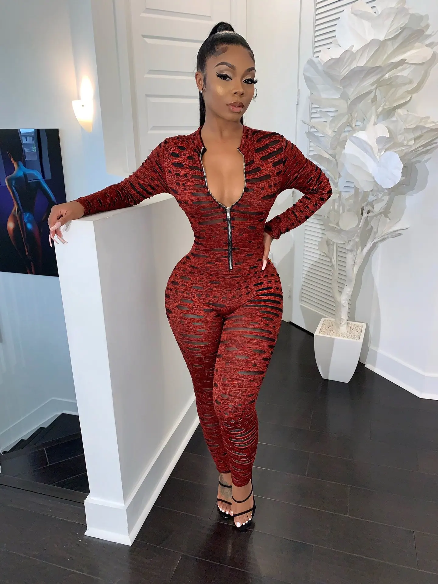 Женский Облегающий комбинезон OMSJ осенне-зимний с длинным рукавом и принтом