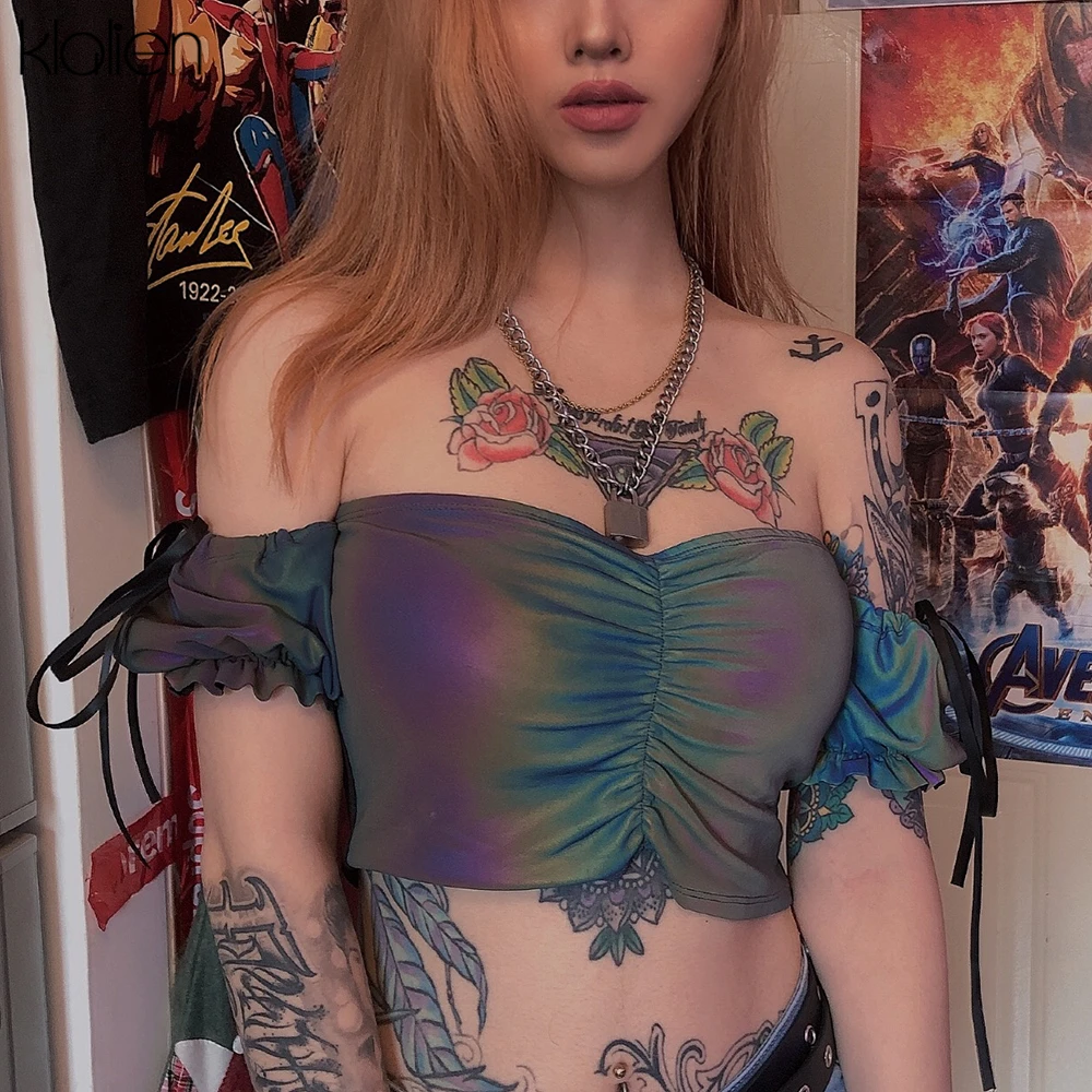 Женские Яркие Светоотражающие кроп топы kalien Клубные вечерние блестящие футболки