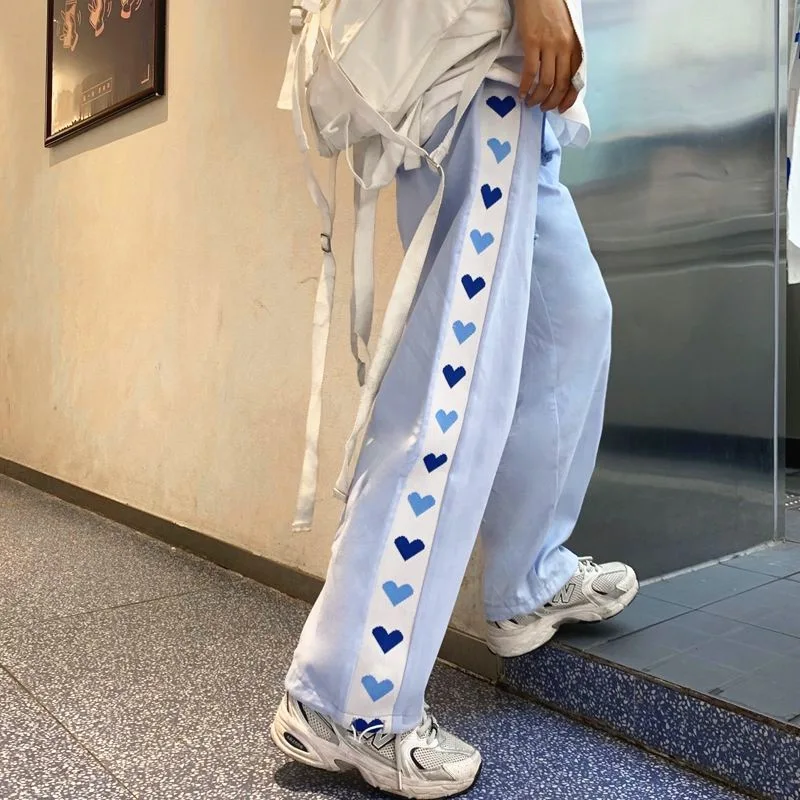 

Love Pattern Y2k Pants Women Straight Spliced Casual Trousers for Sweet Gilr Korean Style Sweatpants Blue