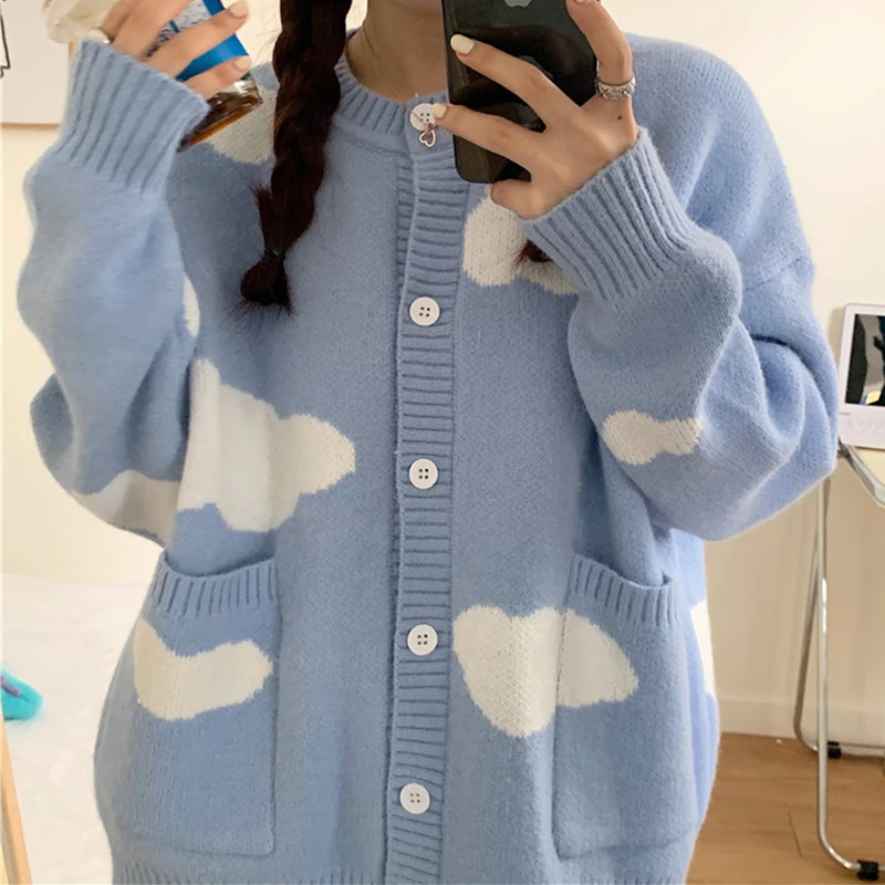 

Korean Cloud Sweater Coat 2020 Autumn winter Long Sleeve Knitted Jacket Causal O-neck Cardigan Ropa De Invierno Mujer