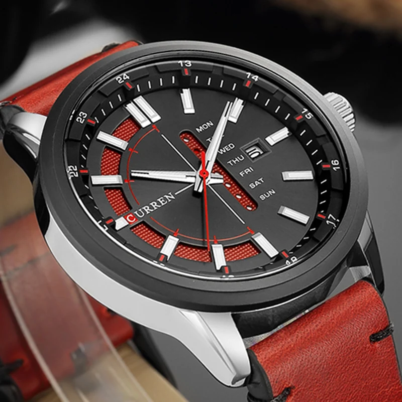 Часы CURREN Мужские с модным красным кожаным ремешком 2020 лучшие военные кварцевые