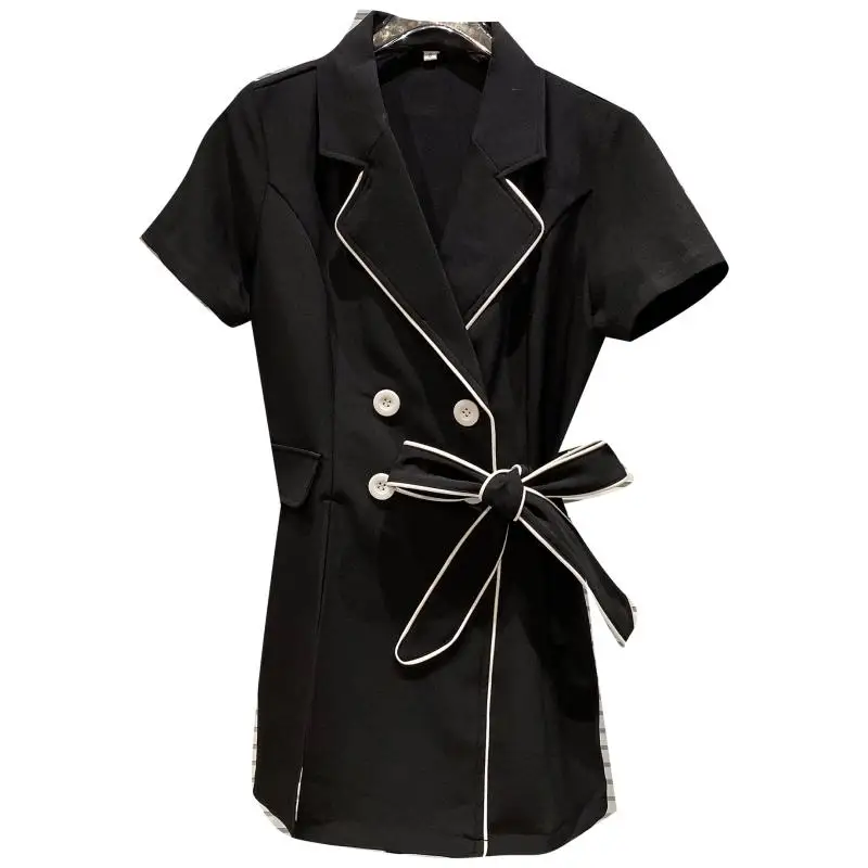 

Short Sleeve Women Blazer Office Business 2021 Summer Bow Lace Up Suit Collar Slim Suit Jacket Female Black Double Breasted Coat