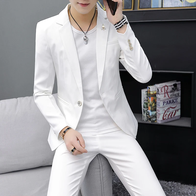 

2021 Spring and Autumn New Fashion Leisure Men's Solid Color Single Button Metal Decoration Slim Type Two-piece Mens Suits