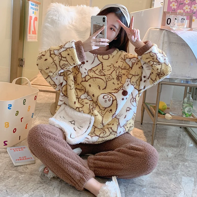 Sweet Pajamas Set Women Pyjama Bear Printed Thicken Warm Korean Home Service Suit Round Neck Women Sleeping Dress Schlafanzug