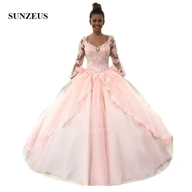 Trumpet Sleeves Long Quinceanera Dresses Ball Gown Pink Tulle Prom Debutante Sweet 16 Dress vestido de debutante longo