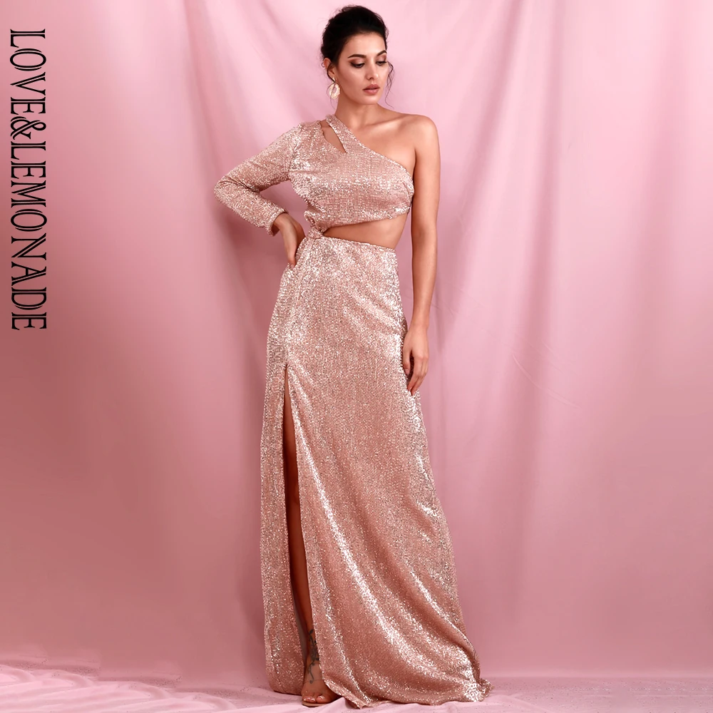 Женское платье с блестками LOVE & LEMONADE розовое разрезом сбоку и одним рукавом