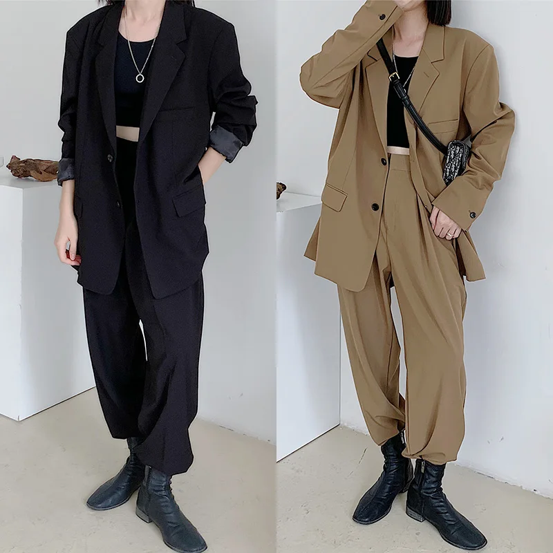 

Korean-Style Loose Casual Suit Women Chic Outfits Single Breasted Blazer Jacket and Drape Pant Casual Suit 2 Pieces Set
