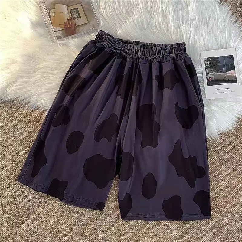 

Shorts Womens Elastic Waist Cow Printing Casual Loose Streetwear Soft Girls Harjuku Korean Style Ulzzang Summer Female Shorts
