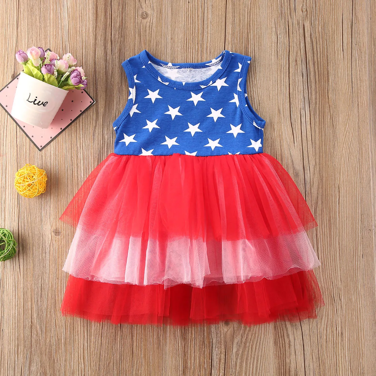 6M-4Y Toddler Infant Kids Baby Girl Dress 4th of July Sleeveless Layers Mesh Tulle Independence Day Clothes Outfits | Детская одежда и