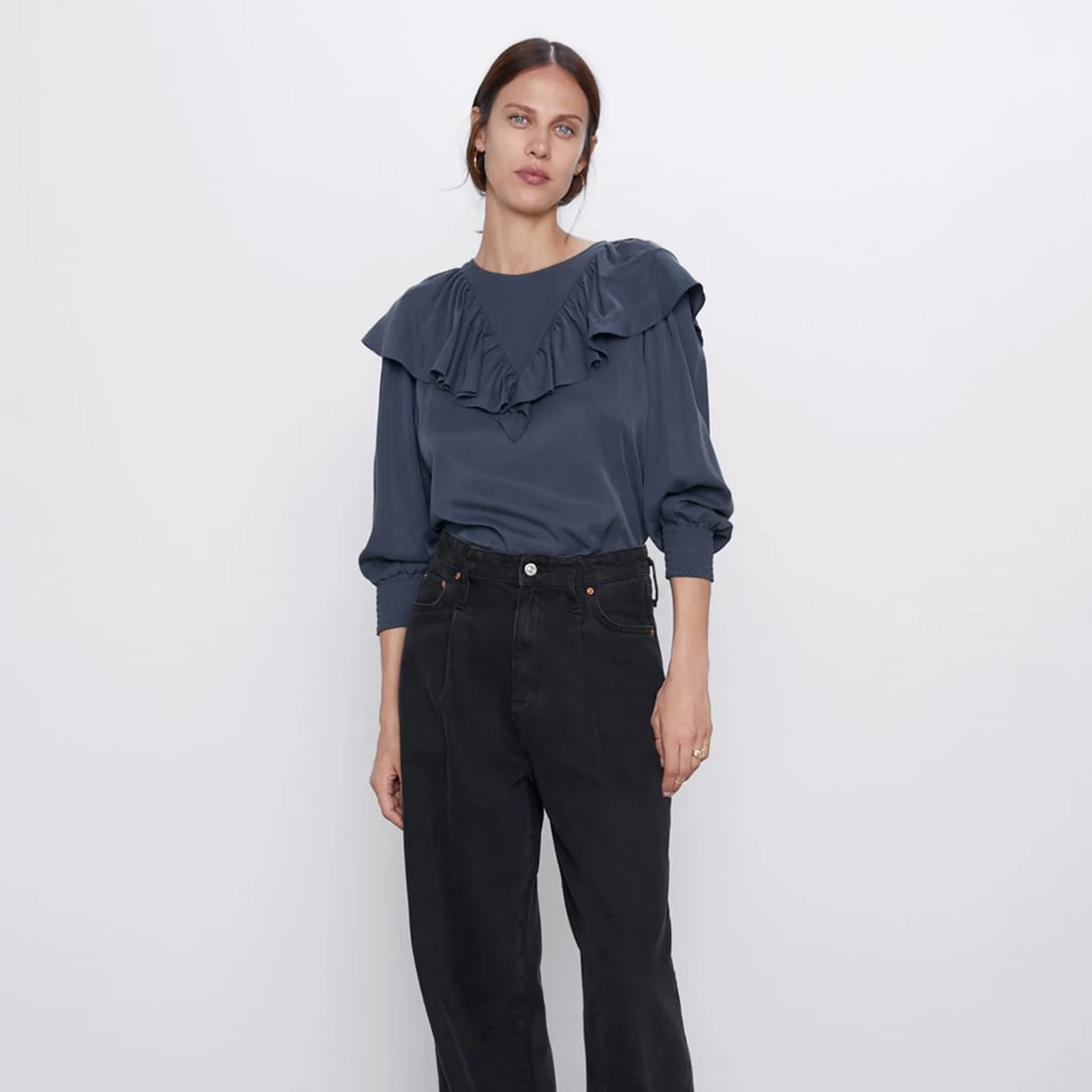 ZA Новая Винтажная синяя блузка с оборками и рукавом фонариком для женщин