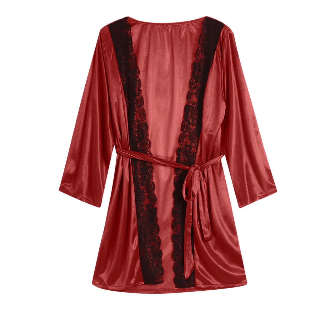2019 сексуальное ночное белье для женщин кружевной Атласный халат Ночное красное
