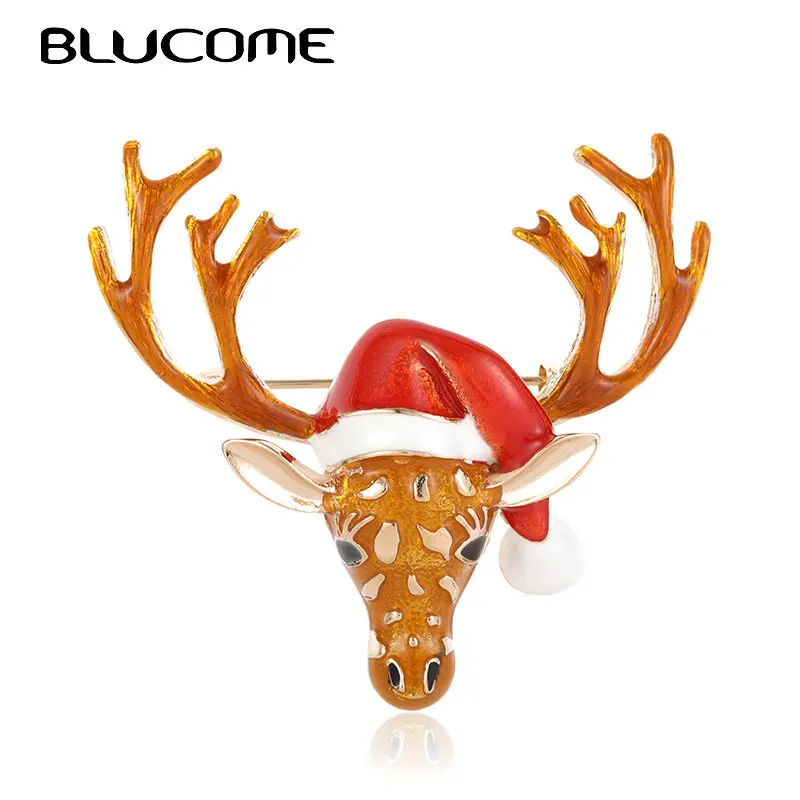 

Blucome Christmas Deer Brooch Animal Wearing Christmas Hat Reindeer Elk Head Brooches Pin For Women Kid Suit Scarf New Year Gift