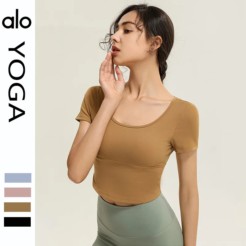 

Yoga New Short Sleeved Sports Running With Bra Pads Crossed Beauty Back T-shirt Womens Training Slim Fitness Outdoor Top /40