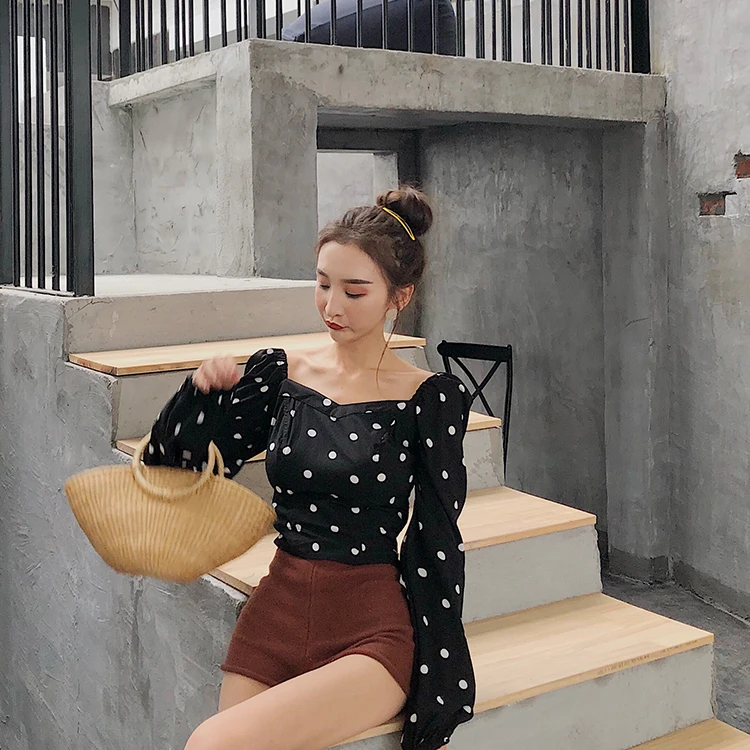 

crop top Women's Clothing square collar polka dot casual full Spring and autumn tops Korean style high quality shirts fashion