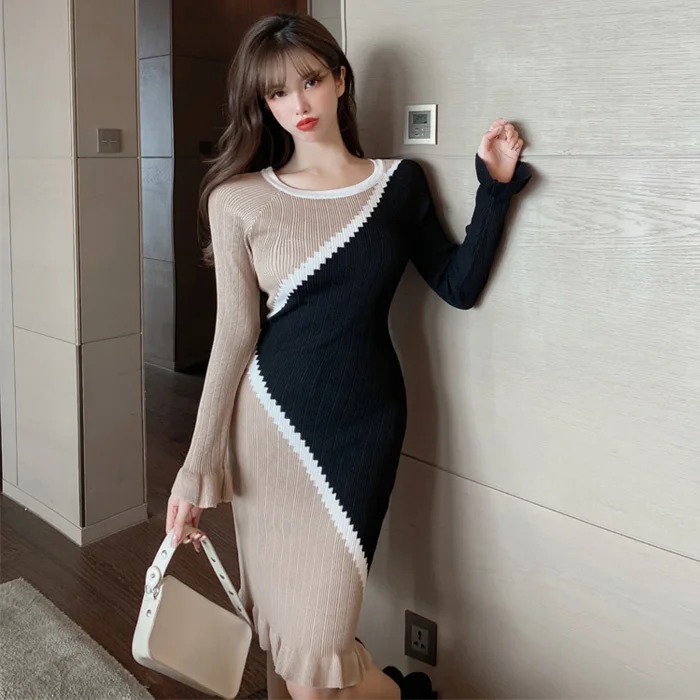 

Autumn Socialite Gentle Round Neck Contrast Color Knitted Long-sleeved Midi Dress Slim-fit Sheath Fishtail Dress